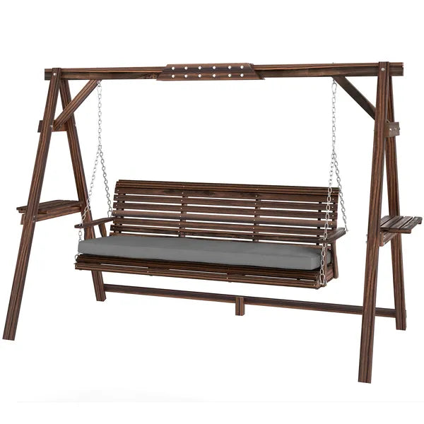 Outsunny 3 Seat Wooden Porch Swing with Stand, Patio Swing with Cushion, for Garden, Poolside, Backyard, Carbonized Brown - product image 1