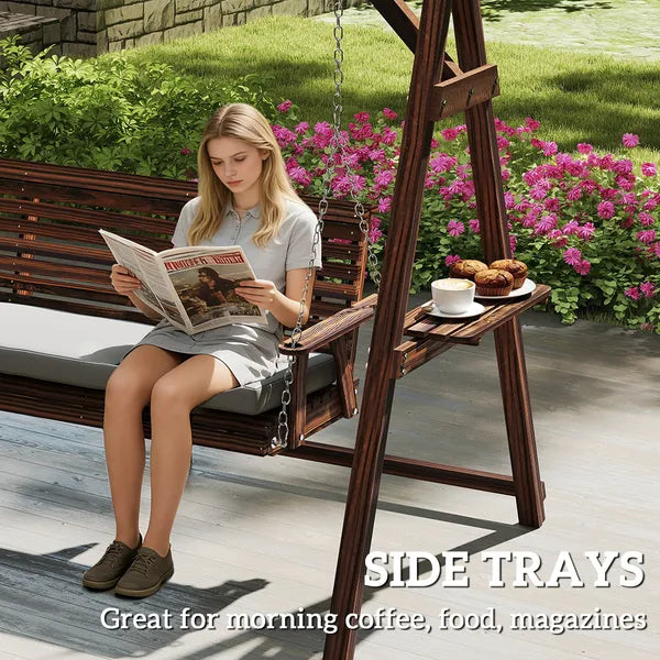 Outsunny 3 Seat Wooden Porch Swing with Stand, Patio Swing with Cushion, for Garden, Poolside, Backyard, Carbonized Brown - product image 6