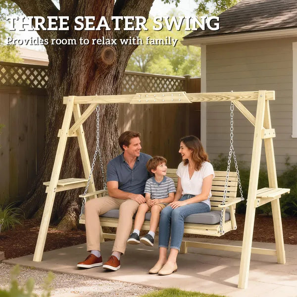 Outsunny 3 Seat Wooden Porch Swing with Stand, Patio Swing with Cushion, for Garden, Poolside, Backyard, Natural Wood - product image 4