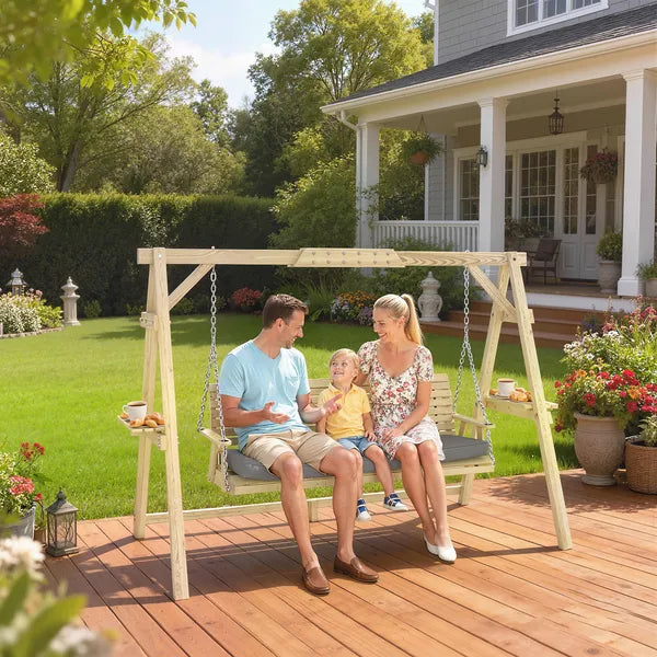 Outsunny 3 Seat Wooden Porch Swing with Stand, Patio Swing with Cushion, for Garden, Poolside, Backyard, Natural Wood - product image 2