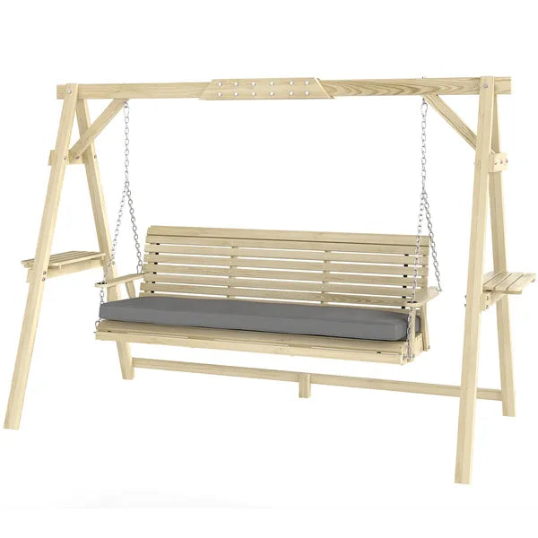 Outsunny 3 Seat Wooden Porch Swing with Stand, Patio Swing with Cushion, for Garden, Poolside, Backyard, Natural Wood - product image 1
