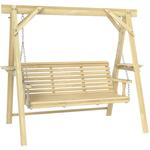 Outsunny 3 Seat Wooden Porch Swing with Stand, Patio Swing with Side Tables, for Garden, Poolside, Backyard, Natural Wood - product image 1