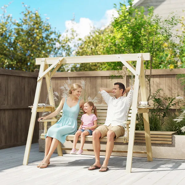 Outsunny 3 Seat Wooden Porch Swing with Stand, Patio Swing with Side Tables, for Garden, Poolside, Backyard, Natural Wood - product image 2