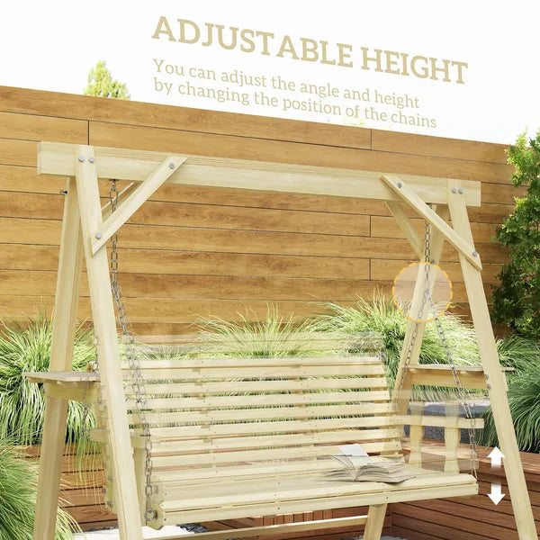 Outsunny 3 Seat Wooden Porch Swing with Stand, Patio Swing with Side Tables, for Garden, Poolside, Backyard, Natural Wood - product image 6