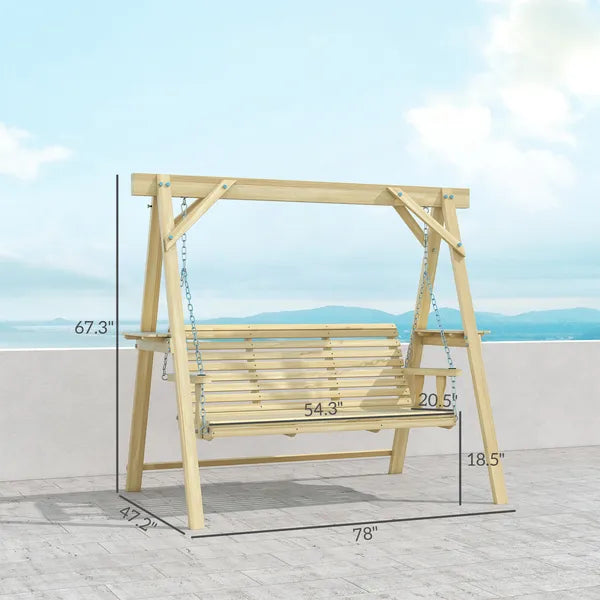 Outsunny 3 Seat Wooden Porch Swing with Stand, Patio Swing with Side Tables, for Garden, Poolside, Backyard, Natural Wood - product image 3