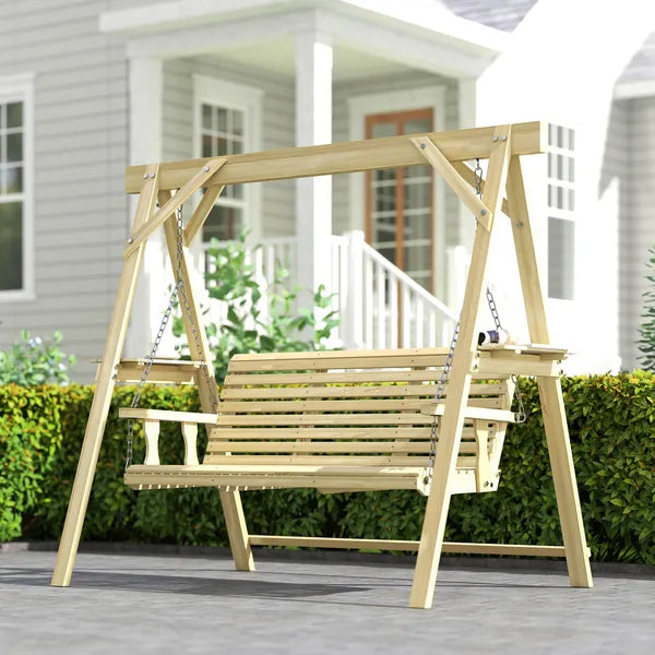 Outsunny 3 Seat Wooden Porch Swing with Stand, Patio Swing with Side Tables, for Garden, Poolside, Backyard, Natural Wood - product image 9