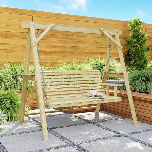 Outsunny 3 Seat Wooden Porch Swing with Stand, Patio Swing with Side Tables, for Garden, Poolside, Backyard, Natural Wood - product image 8