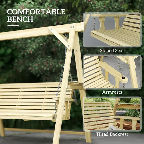 Outsunny 3 Seat Wooden Porch Swing with Stand, Patio Swing with Side Tables, for Garden, Poolside, Backyard, Natural Wood - product image 7