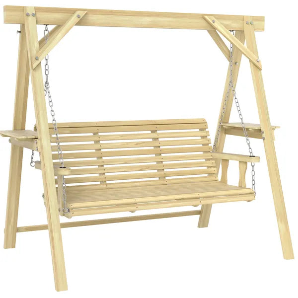 Outsunny 3 Seat Wooden Porch Swing with Stand, Patio Swing with Side Tables, for Garden, Poolside, Backyard, Natural Wood - product image 11