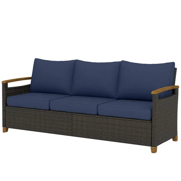 3 Seater Outdoor Couch Sofa, PE Wicker Patio Sofa, Wide Deep Seat, 4" Cushions, Wood-Effect Armrests Legs, Dark Blue - product image 1