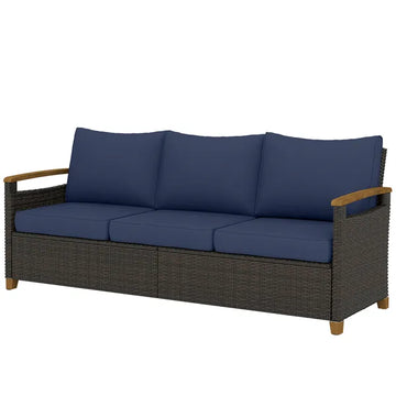 3 Seater Outdoor Couch Sofa, PE Wicker Patio Sofa, Wide Deep Seat, 4" Cushions, Wood-Effect Armrests Legs, Dark Blue - product image 1