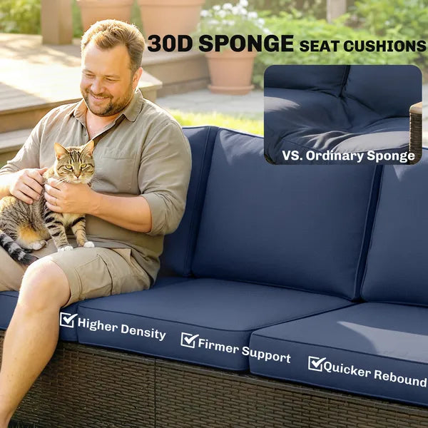 3 Seater Outdoor Couch Sofa, PE Wicker Patio Sofa, Wide Deep Seat, 4" Cushions, Wood-Effect Armrests Legs, Dark Blue - product image 4