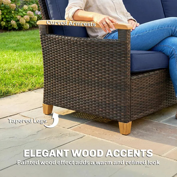 3 Seater Outdoor Couch Sofa, PE Wicker Patio Sofa, Wide Deep Seat, 4" Cushions, Wood-Effect Armrests Legs, Dark Blue - product image 7