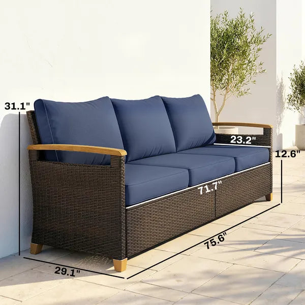 3 Seater Outdoor Couch Sofa, PE Wicker Patio Sofa, Wide Deep Seat, 4" Cushions, Wood-Effect Armrests Legs, Dark Blue - product image 2