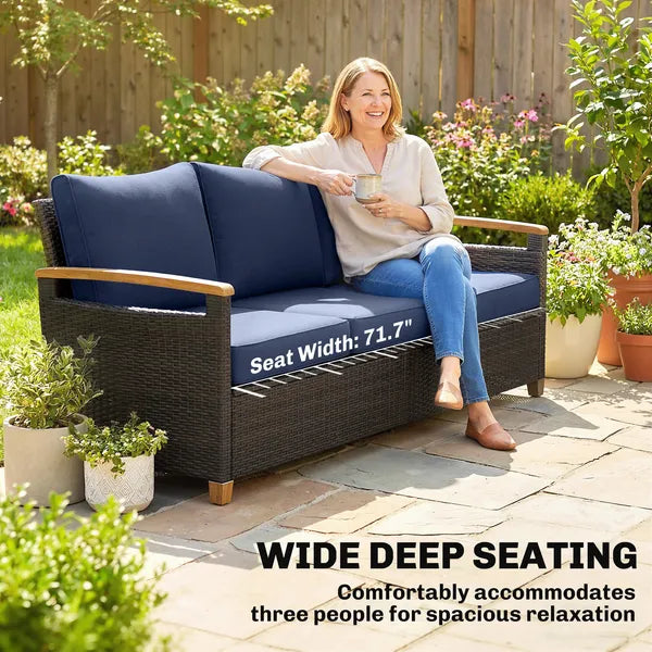 3 Seater Outdoor Couch Sofa, PE Wicker Patio Sofa, Wide Deep Seat, 4" Cushions, Wood-Effect Armrests Legs, Dark Blue - product image 5