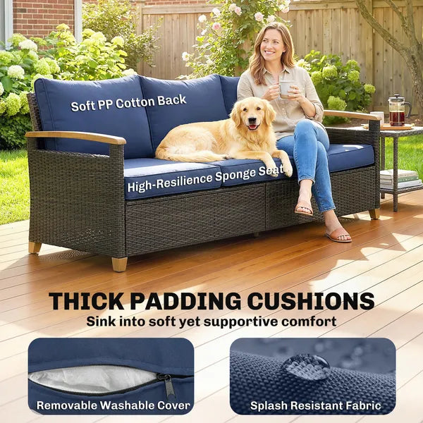3 Seater Outdoor Couch Sofa, PE Wicker Patio Sofa, Wide Deep Seat, 4" Cushions, Wood-Effect Armrests Legs, Dark Blue - product image 3