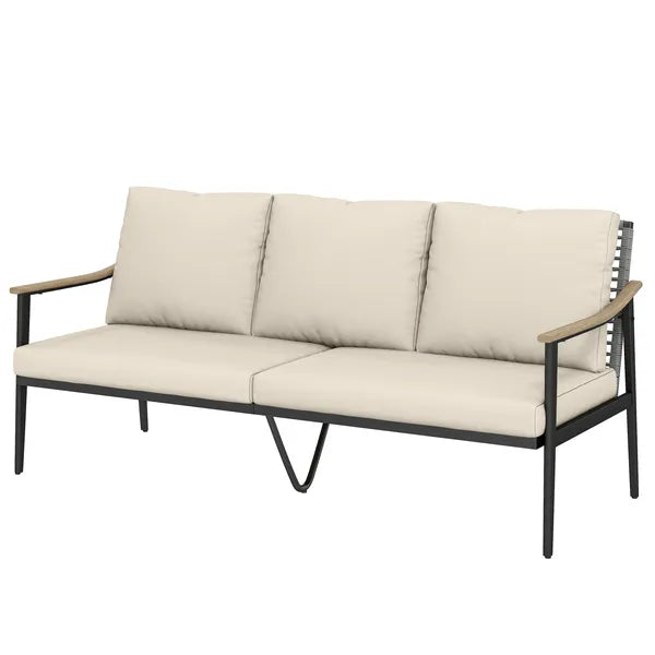 Outsunny 3 Seater Outdoor Patio Sofa, Outdoor Couch with Wood-Effect Armrests, Wicker Backrest, Cushions for Garden Yard, Khaki - product image 1