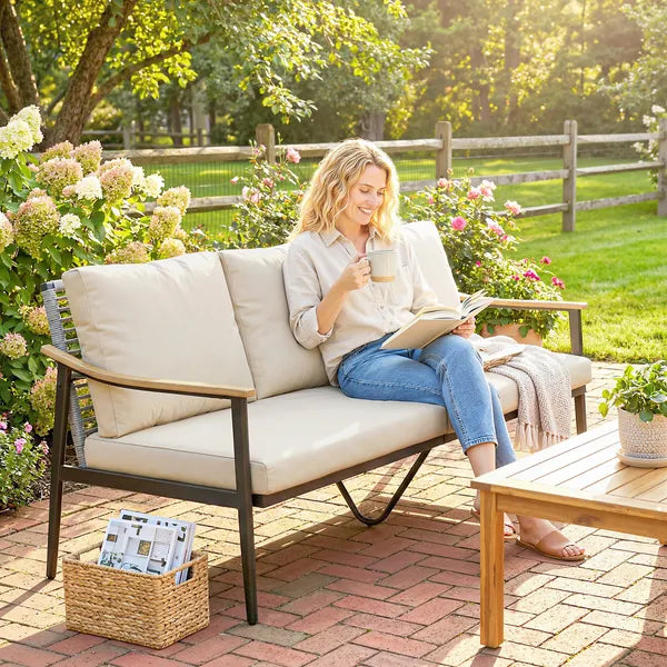 Outsunny 3 Seater Outdoor Patio Sofa, Outdoor Couch with Wood-Effect Armrests, Wicker Backrest, Cushions for Garden Yard, Khaki - product image 2