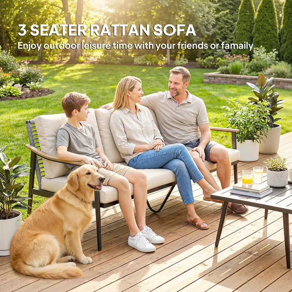 Outsunny 3 Seater Outdoor Patio Sofa, Outdoor Couch with Wood-Effect Armrests, Wicker Backrest, Cushions for Garden Yard, Khaki - product image 4