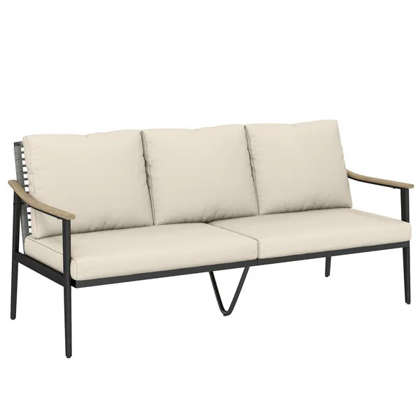 Outsunny 3 Seater Outdoor Patio Sofa, Outdoor Couch with Wood-Effect Armrests, Wicker Backrest, Cushions for Garden Yard, Khaki - product image 11