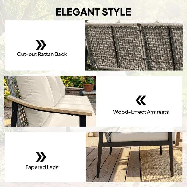 Outsunny 3 Seater Outdoor Patio Sofa, Outdoor Couch with Wood-Effect Armrests, Wicker Backrest, Cushions for Garden Yard, Khaki - product image 5