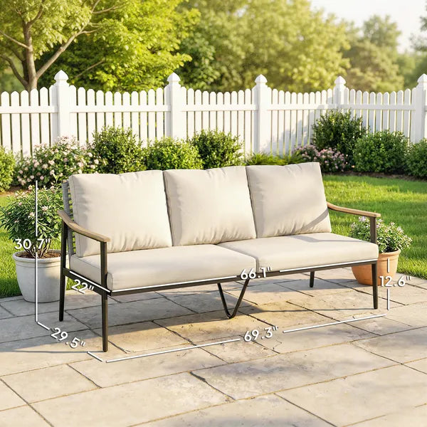 Outsunny 3 Seater Outdoor Patio Sofa, Outdoor Couch with Wood-Effect Armrests, Wicker Backrest, Cushions for Garden Yard, Khaki - product image 3