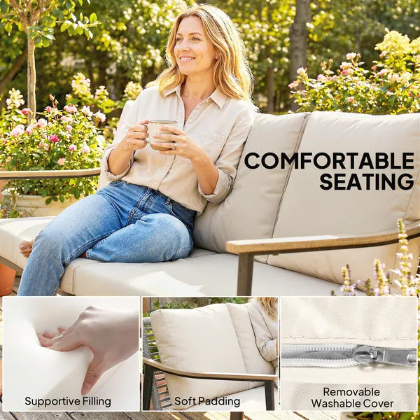 Outsunny 3 Seater Outdoor Patio Sofa, Outdoor Couch with Wood-Effect Armrests, Wicker Backrest, Cushions for Garden Yard, Khaki - product image 6