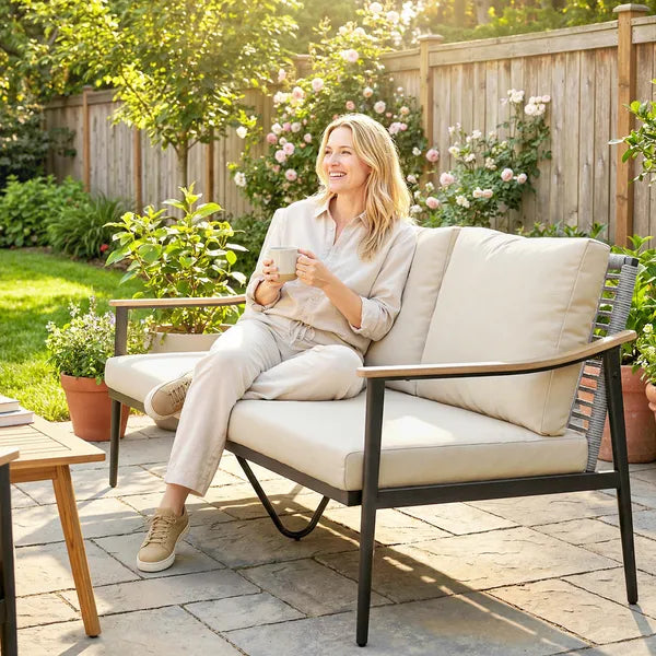 Outsunny 3 Seater Outdoor Patio Sofa, Outdoor Couch with Wood-Effect Armrests, Wicker Backrest, Cushions for Garden Yard, Khaki - product image 9