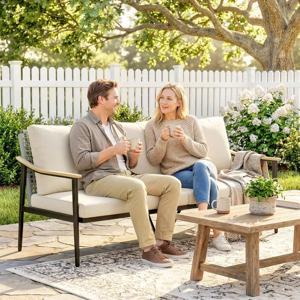 Outsunny 3 Seater Outdoor Patio Sofa, Outdoor Couch with Wood-Effect Armrests, Wicker Backrest, Cushions for Garden Yard, Khaki - product image 8