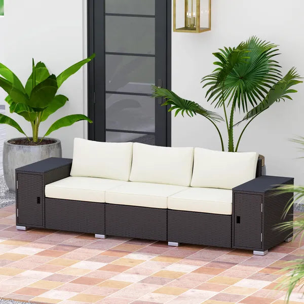 3 Seater Wicker Outdoor Couch Patio Sofa with Storage, Thickened Cushions and Wide Armrests for Porch Yard, Cream White - product image 9
