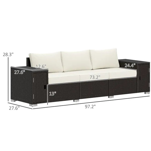 3 Seater Wicker Outdoor Couch Patio Sofa with Storage, Thickened Cushions and Wide Armrests for Porch Yard, Cream White - product image 3
