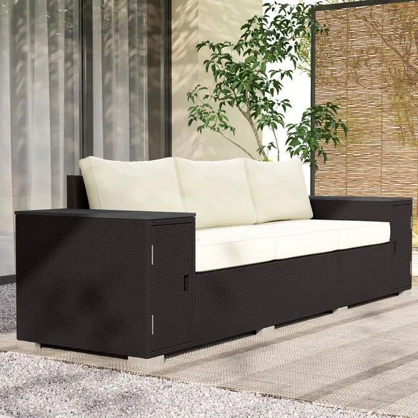 3 Seater Wicker Outdoor Couch Patio Sofa with Storage, Thickened Cushions and Wide Armrests for Porch Yard, Cream White - product image 10