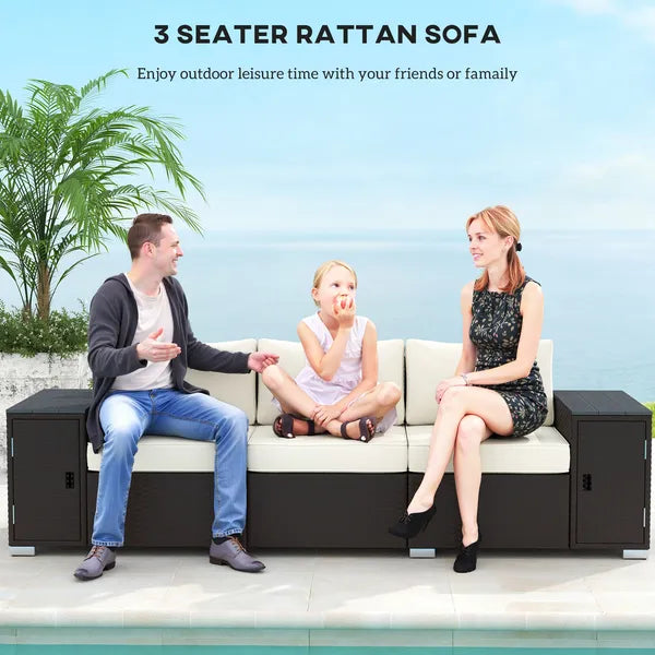 3 Seater Wicker Outdoor Couch Patio Sofa with Storage, Thickened Cushions and Wide Armrests for Porch Yard, Cream White - product image 4
