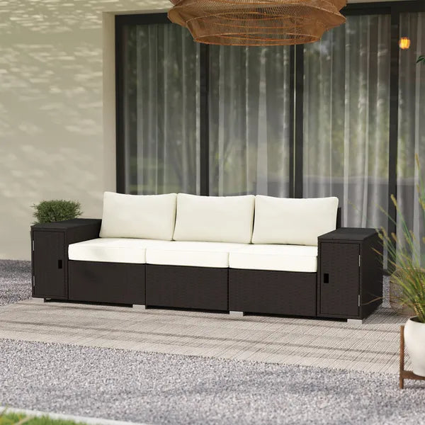 3 Seater Wicker Outdoor Couch Patio Sofa with Storage, Thickened Cushions and Wide Armrests for Porch Yard, Cream White - product image 8