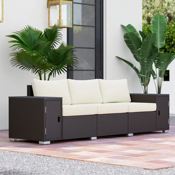 3 Seater Wicker Outdoor Couch Patio Sofa with Storage, Thickened Cushions and Wide Armrests for Porch Yard, Cream White - product image 2