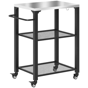 3-Shelf Outdoor Grill Cart with Stainless Steel Tabletop, Movable Pizza Oven Table with Hooks, Side Handle, Wheels - product image 1