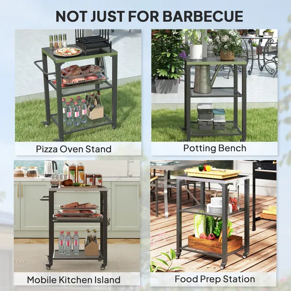 3-Shelf Outdoor Grill Cart with Stainless Steel Tabletop, Movable Pizza Oven Table with Hooks, Side Handle, Wheels - product image 7
