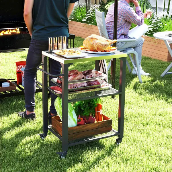 3-Shelf Outdoor Grill Cart with Stainless Steel Tabletop, Movable Pizza Oven Table with Hooks, Side Handle, Wheels - product image 2