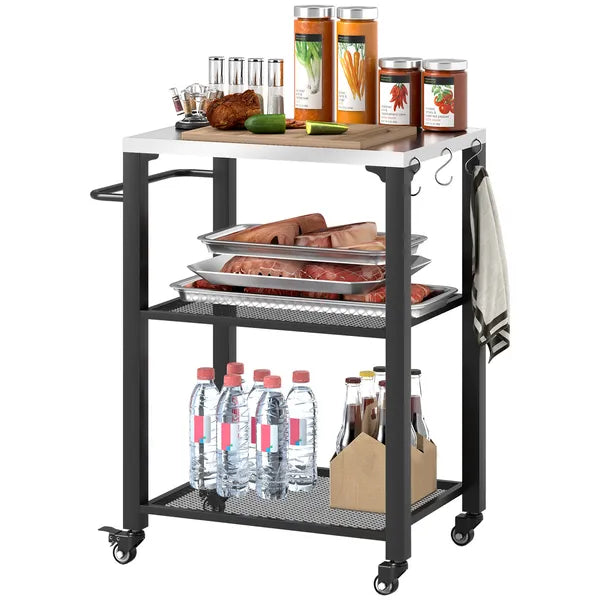 3-Shelf Outdoor Grill Cart with Stainless Steel Tabletop, Movable Pizza Oven Table with Hooks, Side Handle, Wheels - product image 11