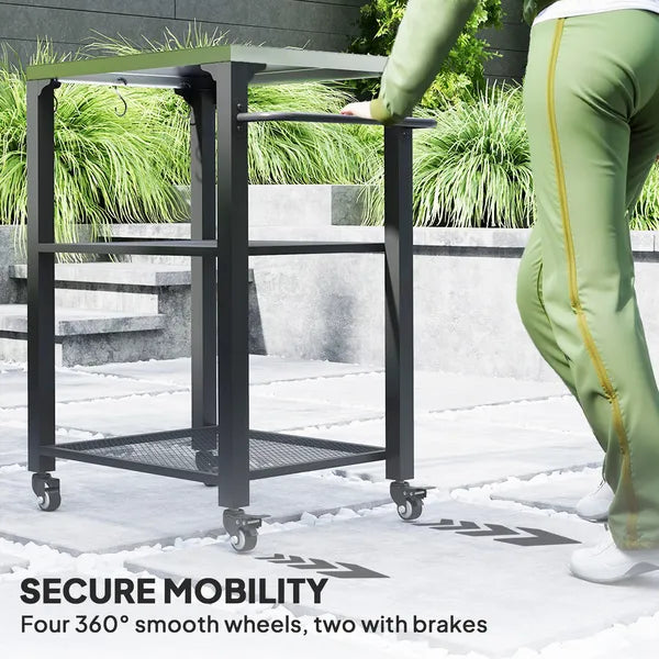 3-Shelf Outdoor Grill Cart with Stainless Steel Tabletop, Movable Pizza Oven Table with Hooks, Side Handle, Wheels - product image 6