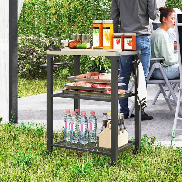 3-Shelf Outdoor Grill Cart with Stainless Steel Tabletop, Movable Pizza Oven Table with Hooks, Side Handle, Wheels - product image 10