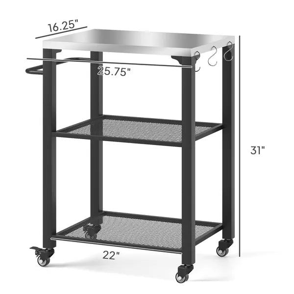3-Shelf Outdoor Grill Cart with Stainless Steel Tabletop, Movable Pizza Oven Table with Hooks, Side Handle, Wheels - product image 3