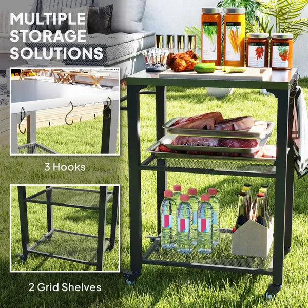 3-Shelf Outdoor Grill Cart with Stainless Steel Tabletop, Movable Pizza Oven Table with Hooks, Side Handle, Wheels - product image 5