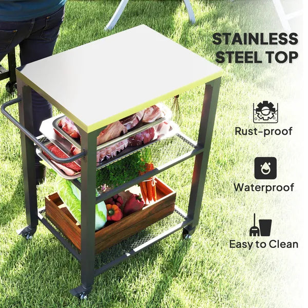 3-Shelf Outdoor Grill Cart with Stainless Steel Tabletop, Movable Pizza Oven Table with Hooks, Side Handle, Wheels - product image 4