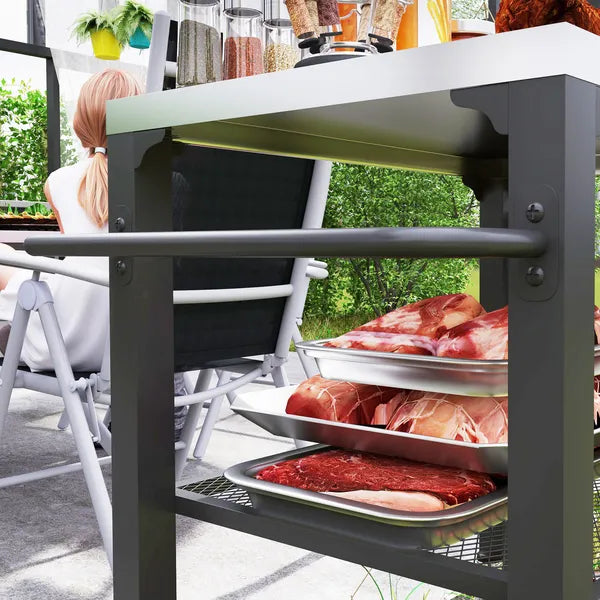 3-Shelf Outdoor Grill Cart with Stainless Steel Tabletop, Movable Pizza Oven Table with Hooks, Side Handle, Wheels - product image 8