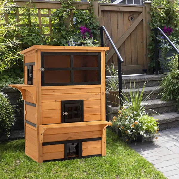 3-Tier Cat House Feral Cat House, Outdoor Kitten Condo with Raised Floor, Asphalt Roof, Escape Door, Jumping Platform, Yellow - product image 2