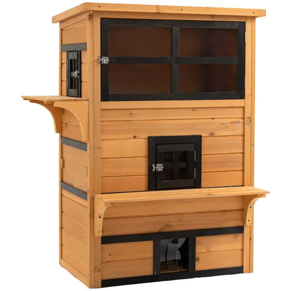 3-Tier Cat House Feral Cat House, Outdoor Kitten Condo with Raised Floor, Asphalt Roof, Escape Door, Jumping Platform, Yellow - product image 1