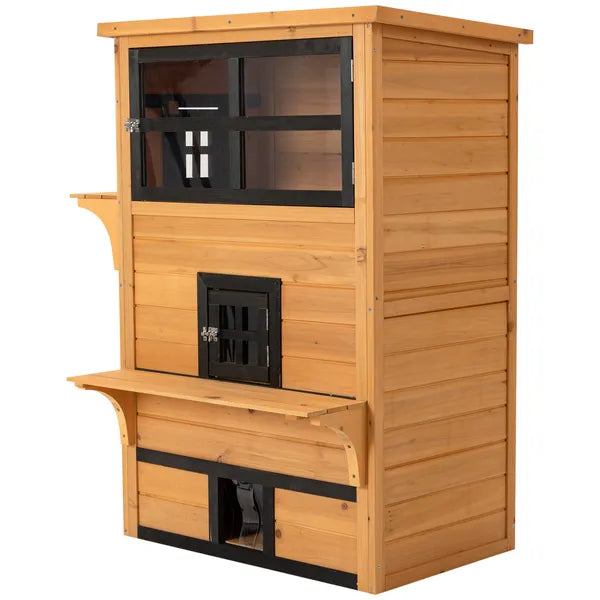 3-Tier Cat House Feral Cat House, Outdoor Kitten Condo with Raised Floor, Asphalt Roof, Escape Door, Jumping Platform, Yellow - product image 11