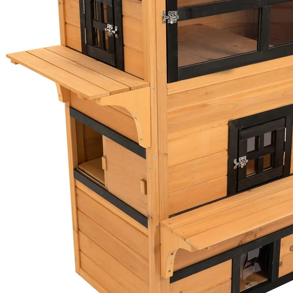 3-Tier Cat House Feral Cat House, Outdoor Kitten Condo with Raised Floor, Asphalt Roof, Escape Door, Jumping Platform, Yellow - product image 8