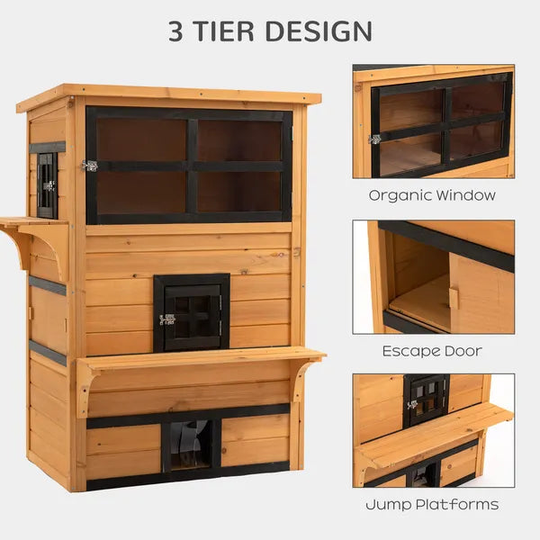 3-Tier Cat House Feral Cat House, Outdoor Kitten Condo with Raised Floor, Asphalt Roof, Escape Door, Jumping Platform, Yellow - product image 4